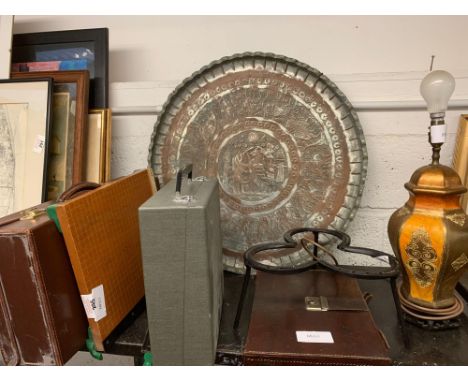 LARGE METAL DECORATIVE PLATE, TABLE LAMP, SUITCASE, PAPER GUILLOTINE ETC