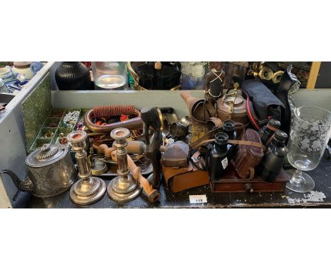 BRASS BUGLE, BINOCULARS, GLASSWARE, HEAVY PAINTED  METAL CAT DOORSTOP, CUTLERY, CANDLESTICKS ETC
