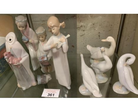 3 LLADRO FIGURES OF CHILDREN WITH GIFTS, 3 LLADRO FIGURES OF GEESE, A NAO FIGURE OF A GOOSE AND ANOTHER FIGURE OF A GIRL