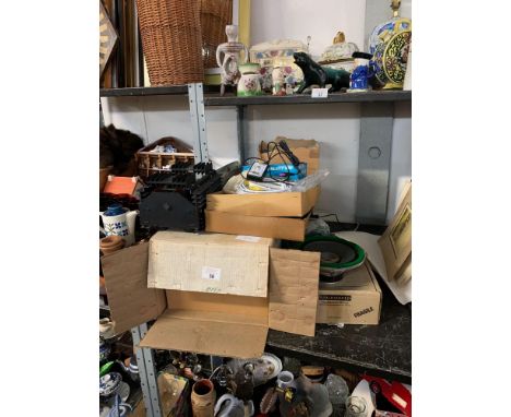 SHELF OF ELECTRICAL ITEMS INCLUDING SPEAKERS, BOXED TAPE RECORDER ETC