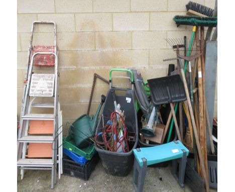 LARGE QUANTITY OF GARDEN TOOLS, 2 STEP LADDERS, GARDEN TROLLEY ETC