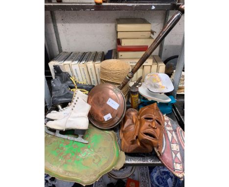 COLLECTIONS OF ITEMS TO INCLUDE TWO PAIRS OF ICE SKATES, VINTAGE SCALES, WARMING PAN ETC