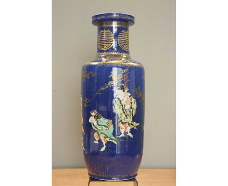 A CHINESE DOUCAI-DECORATED POWDER-BLUE-GROUND ROULEAU VASE decorated with figures on a rich powder-blue ground, further decor