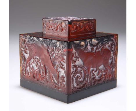 RENÉ LALIQUE (FRENCH, 1860-1945), A PRE-WAR AMBER GLASS BIRCHES INKWELL, CIRCA 1913 square form and moulded with deer amongst