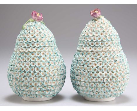 A PAIR OF DERBY PORCELAIN MAYFLOWER VASES AND COVERS, IN THE MEISSEN SCHNEEBALLEN MANNER, CIRCA 1770 pear form and encrusted 