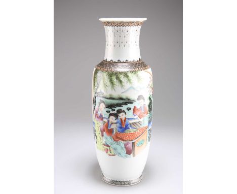 A CHINESE REPUBLICAN PERIOD FAMILLE ROSE VASE enamel painted with four ladies at a table, bears a blue-painted seal mark. 34.