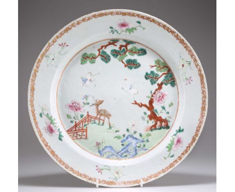 A CHINESE FAMILLE ROSE CHARGER, 18TH CENTURY circular, enamel painted with cranes, a deer and flowers. 33.5cm diameterVarious