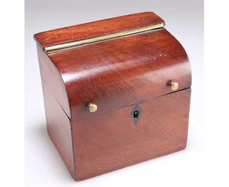 A 19TH CENTURY MAHOGANY TEA CADDY in the form of a cylinder bureau, with brass 'handles'. 12.5cm by 13.5cm by 9cm