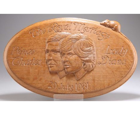 ROBERT THOMPSON OF KILBURN, A ROYAL COMMEMORATIVE MOUSEMAN OAK WALL PLAQUE  commemorating the marriage of Prince Charles and 