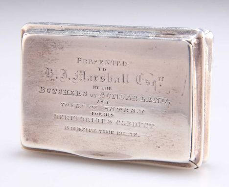 A GEORGE III SILVER SNUFF BOX by Joseph Ash I, London 1810, baluster rectangular, the flush hinged cover with presentation in