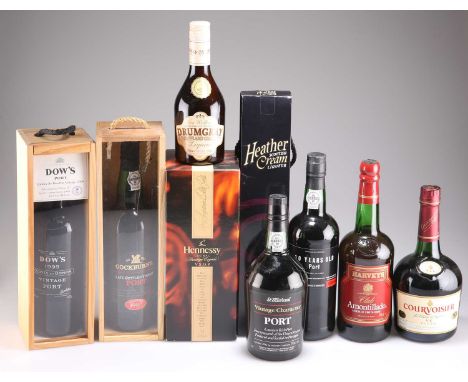 A MIXED LOT OF NINE  BOTTLES OF PORT (INCLUDING VINTAGE), COGNAC AND WHISKY LIQUEUR comprising 1 BOTTLE DOW’S QUINTA DO BOMFI