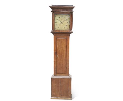 AN OAK 30-HOUR LONGCASE CLOCK the 12-inch square painted dial signed 'Jn. Bishop / Sherborne', the small case with moulded co