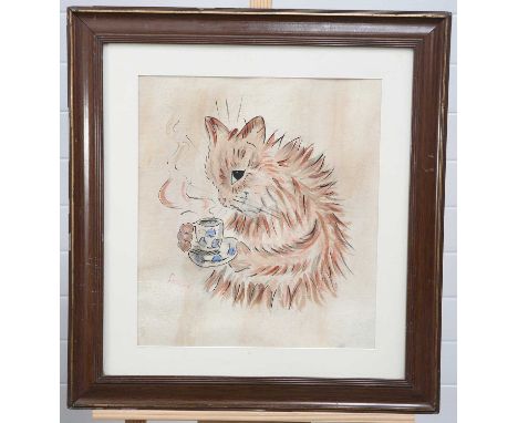 AFTER LOUIS WAIN (1860-1939), A CAT DRINKING A CUP OF TEA bears signature lower left, watercolour, framed. 44cm by 39cm