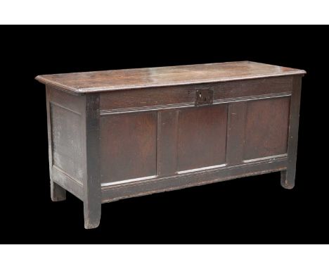A LATE 17TH CENTURY OAK COFFER with a three-panel front. 71.5cm high, 146cm wide, 57cm deep