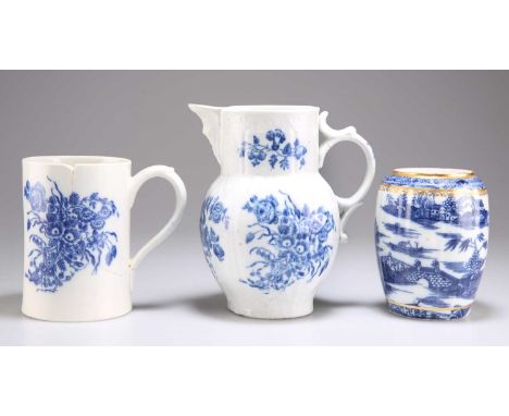 THREE PIECES OF CAUGHLEY BLUE AND WHITE comprising a straight-sided mug with floral prints, a moulded jug with floral prints 