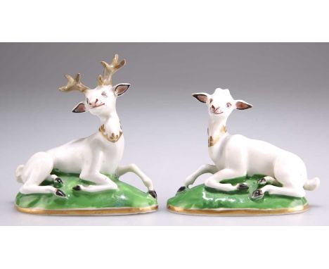 A CHAMBERLAINS WORCESTER WHITE STAG AND HIND, CIRCA 1825 each modelled in a recumbent pose upon green cushions, with gilt col