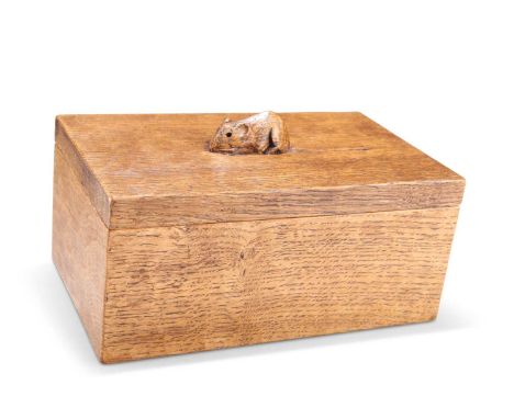 ROBERT THOMPSON OF KILBURN, A VINTAGE MOUSEMAN OAK TRINKET BOX rectangular with lift-off cover, with a carved mouse signature