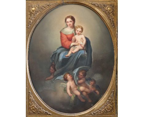 A LATE 19TH CENTURY PORCELAIN PLAQUE, 'THE VIRGIN OF THE ROSARY', AFTER BARTOLOMÉ ESTÉBAN MURILLO  oval, within a rectangular