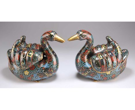 A PAIR OF CHINESE CLOISONNÉ ENAMEL CENSERS AND COVERS, 19TH CENTURY in the form of swans. (2) 20.5cm high