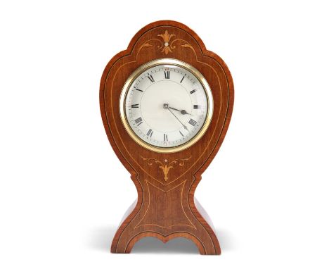 AN EDWARDIAN INLAID MAHOGANY MANTEL CLOCK balloon-shaped, the white enamel dial with Roman numerals, Duverdrey &amp; Bloquel 