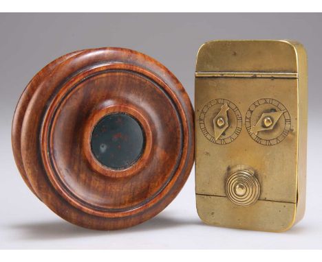 TWO 19TH CENTURY SNUFF BOXES comprising A BRASS COMBINATION SNUFF BOX, with a double combination lock, 8cm by 4.5cm; and A TR