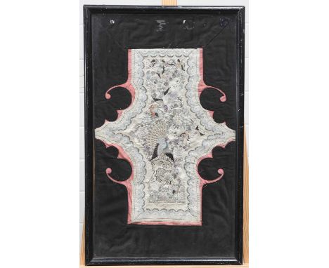 A CHINESE SILK PANEL, 19TH CENTURY decorated with birds, framed. Frame 61cm by 37cm