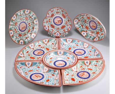A GROUP OF EARLY 19TH CENTURY MINTON BENGAL TIGER / CRAZY COW PATTERN PORCELAIN comprising a five-piece hors d'oeuvres set, f