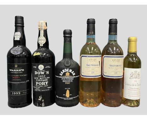 FIVE BOTTLES INCLUDING 1 HALF BOTTLE MIXED LOT SAUTERNES AND PORT TO INCLUDE DOW’S LBV 1962 comprising 2 BOTTLES SAUTERNES DU