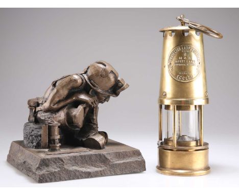 MINING INTEREST: ROBERT OLLEY, A BRONZED RESIN FIGURE OF A MINER AND AN ECCLES MINER'S LAMP the cold cast sculpture signed, t