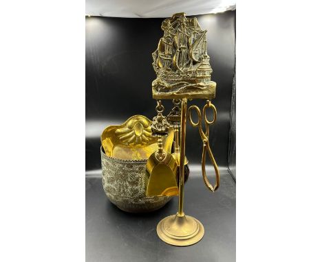 Brass fire side tools and pot