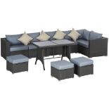 Outsunny 9-Seater Garden Rattan Furniture 10 Pcs Rattan Corner Dining Sofa Set, Grey/Dusty Blue