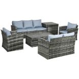 Outsunny 6 Pieces Rattan Garden Furniture Set, 7 Seater Wicker Outdoor Furniture Set with Storage
