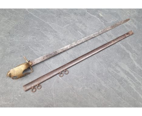 An 18th century sword and scabbard, the 67.5cm blade engraved 'EAII' below crown, the ricasso dated '1766'.