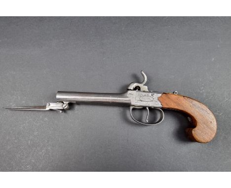 A 19th century percussion travelling or overcoat pistol, by Carter of Hull, 3.5in barrel with bottom mounted spring bayonet a