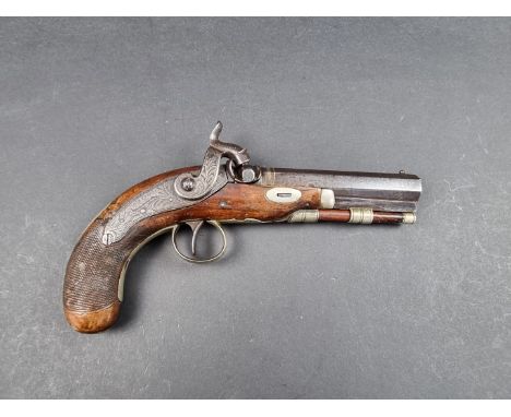 A 19th century fine silver mounted percussion travelling or overcoat pistol, by C. Robbins of London, with octagonal 4in barr