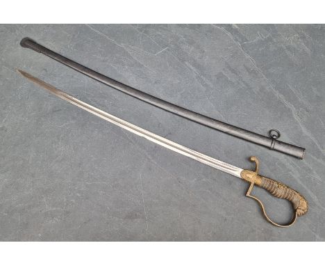 A German Imperial officer's lionhead sabre and steel scabbard, having 76cm fullered blade.