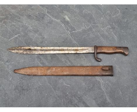 A German WWI S1898/05 'Butchers' bayonet and scabbard, stamped 'Deutsche Maschinenfabrik A.G. Duisburg'.