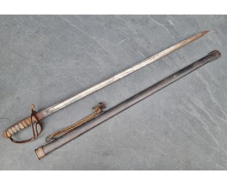 An antique cavalry officer's sword and scabbard, possibly 1821 pattern, with 83cm fullered blade, the scabbard stamped 'LDR 1