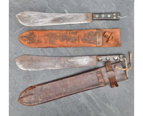 A WWII British machete and sheath, the 37.5cm blade stamped 'J J B 1943' and with broad arrow; together with another example,