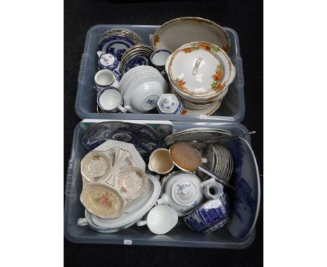 Two boxes containing Ringtons Willow pattern tea service, assorted tea china, dinner ware etc