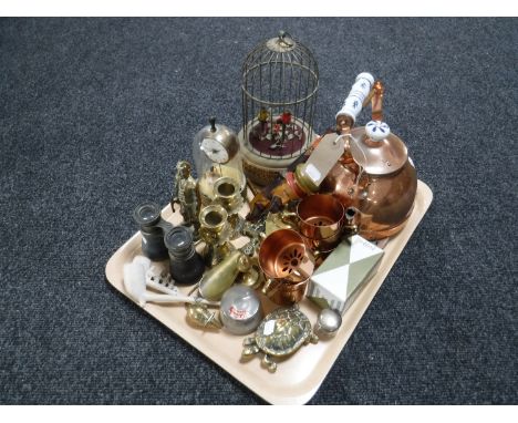 A tray of copper kettle and cups, vintage musical bird cage, field glasses, assorted brass ware, boxed Poppell lighter etc 