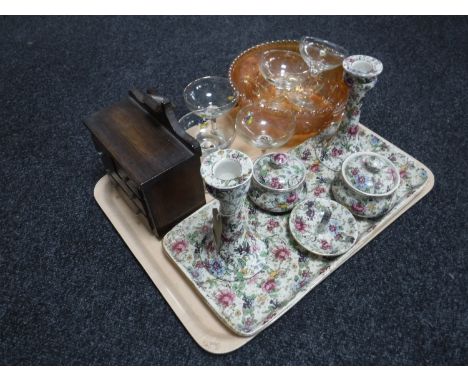 A tray of six piece Victorian floral china trinket set, dolls house dressing chest, five Baby Cham glasses and a carnival gla