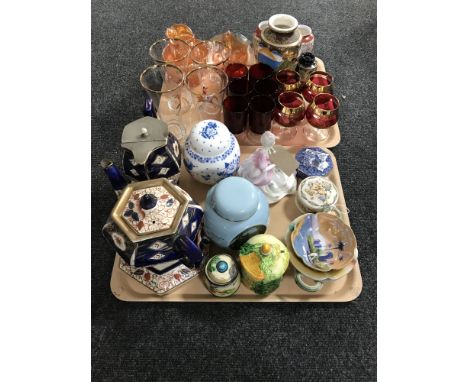 Two trays of assorted glassware, carnival glass, Japanese vases, Coalport figurine, Arthur Wood, teapot and jug, ginger jars 