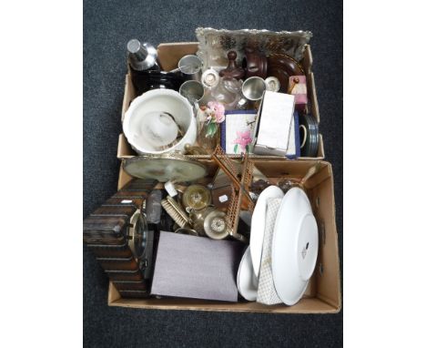 Two boxes containing wall plates, plated ware, President electric mantel clock etc