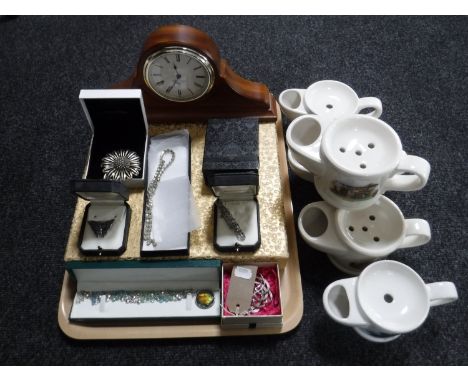 A tray of Westminster mantel clock, boxed photographs album, seven boxed pieces of costume jewellery and five Wade shaving mu