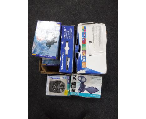 A box of Swann CCTV monitoring equipment, two security flood lights, solar powered light and a mini fan 