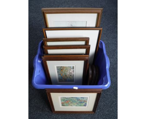 A box containing assorted framed pictures to include three circular framed H. Snyder watercolours, landscape scenes, Turner p