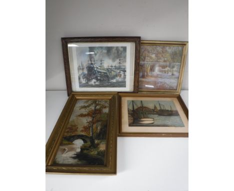 An early 20th century gilt framed oil depicting swans on a river together with an oak 1920's framed print of the Flying Scots