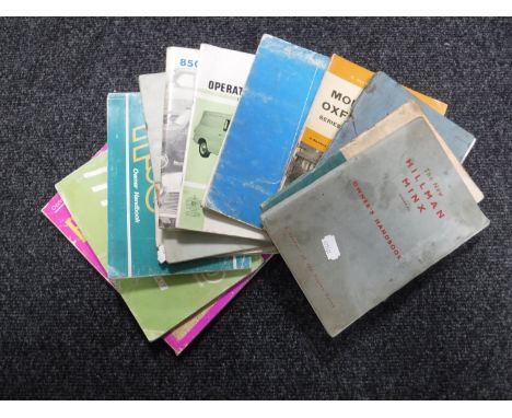 Thirteen vintage car manuals and owners handbooks inducing the New Hilman Minx, Austin Mini, Morris Oxford etc 