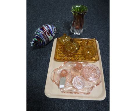 Two coloured glass five piece trinket sets, studio glass vase and a glass fish 